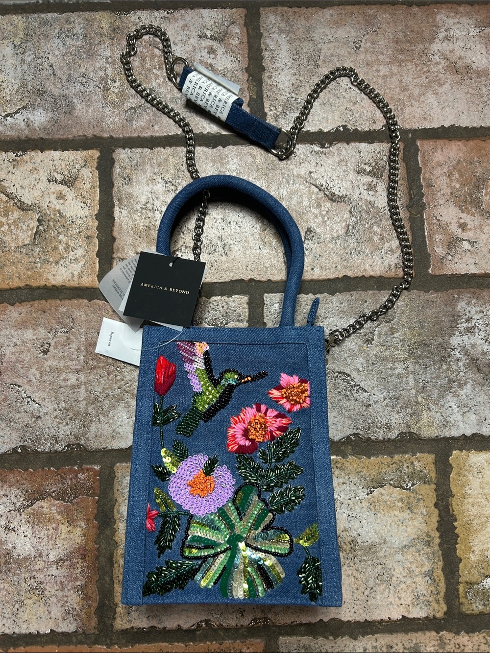 Anthropologie Denim Mini Bag with Embroidered Hummingbird and Flowers
